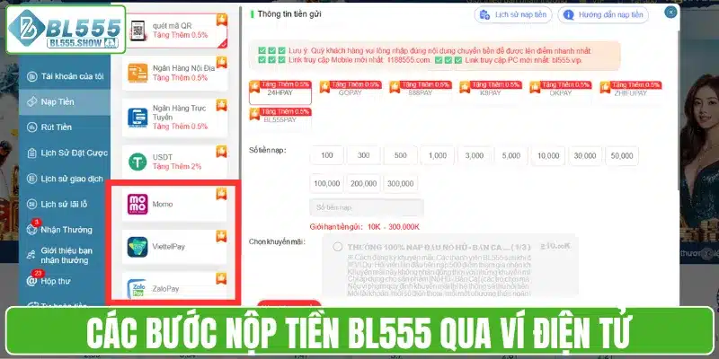 Các bước nộp tiền BL555 qua ví điện tử